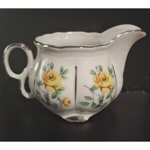 VTG Fred Roberts Co Yellow Rose Purple Flowers Silver Trim Petite Creamer Japan